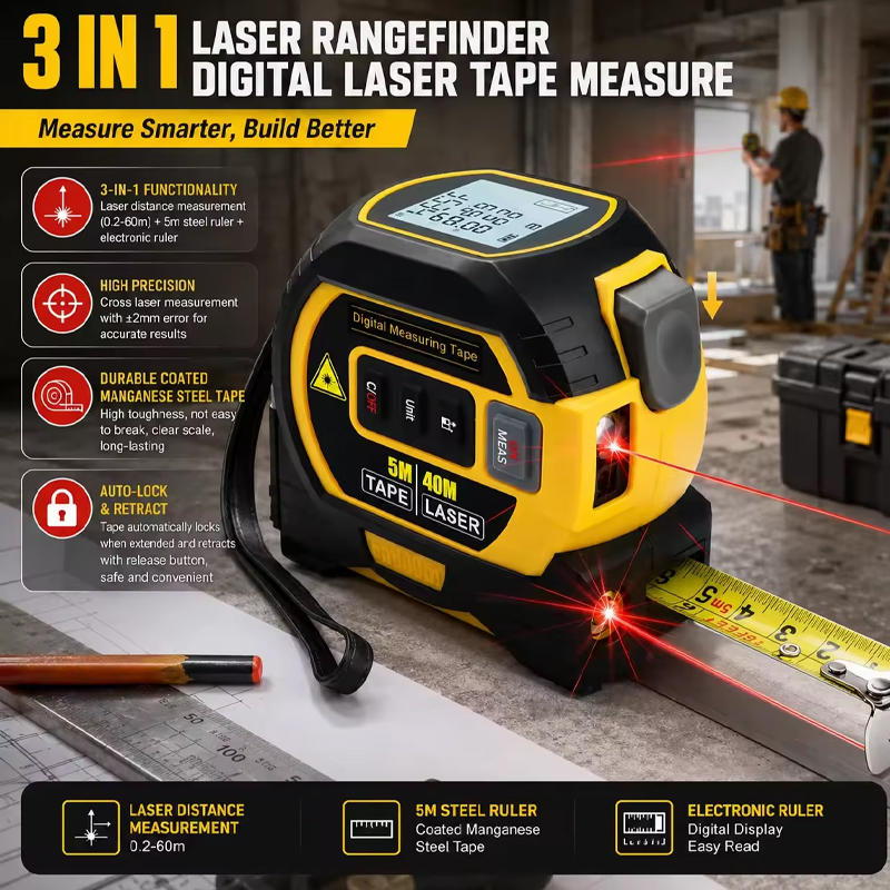 Digital Tape Measure 5M Laser - เครื่องวัดระยะด้วยเลเซอร์รุ่นใหม่ปี 2026 แบบ 3-in-1 เครื่องวัดระยะดิจิตอลความแม่นยำสูง เครื่องวัดระยะด้วยเลเซอร์