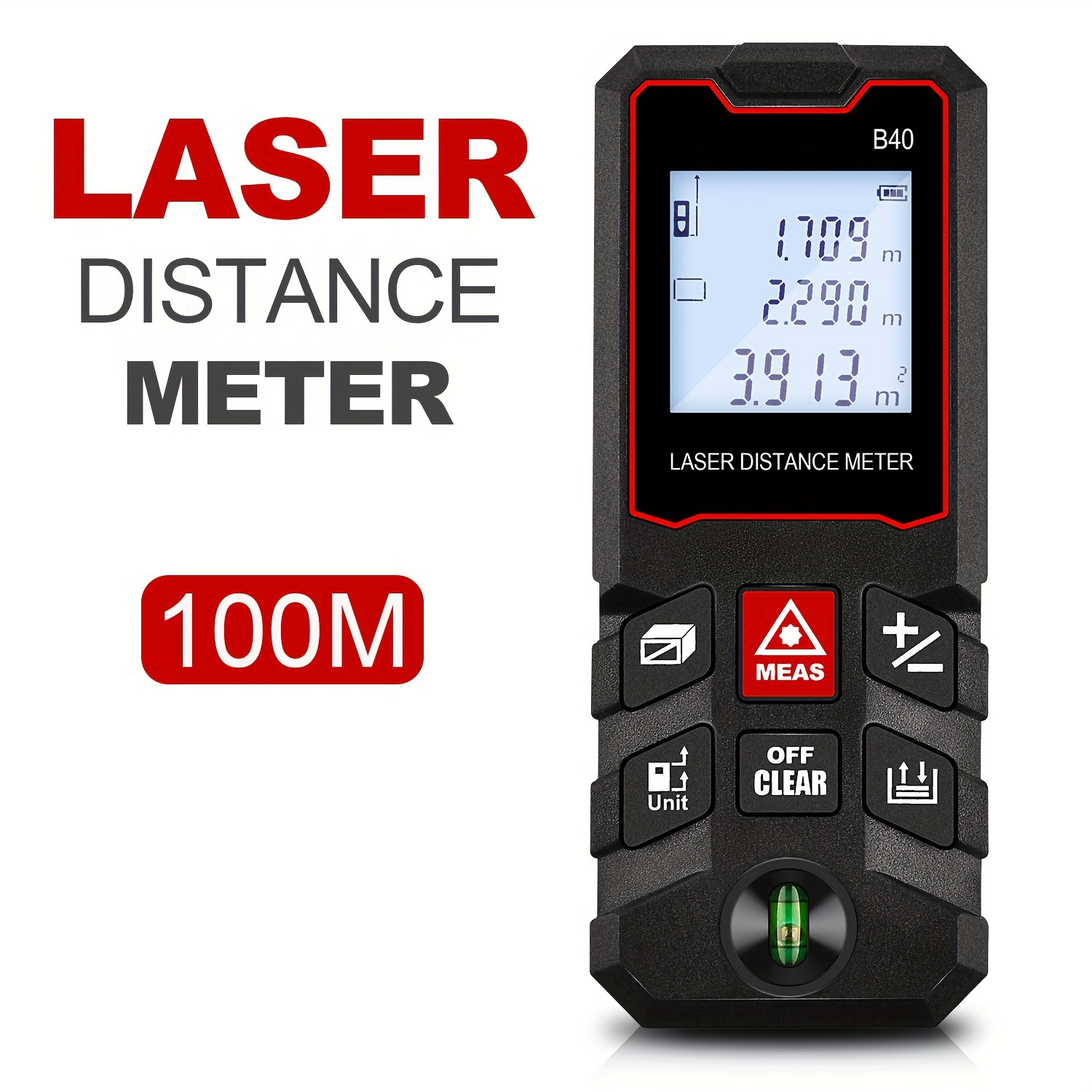 Laser Distance Meter With Bubble Level - เครื่องวัดระยะด้วยเลเซอร์แบบดิจิทัล 100 เมตร พร้อมระดับน้ำในตัว, เครื่องวัดระยะด้วยเลเซอร์แบบมีไฟแบ็คไลท์ LCD,