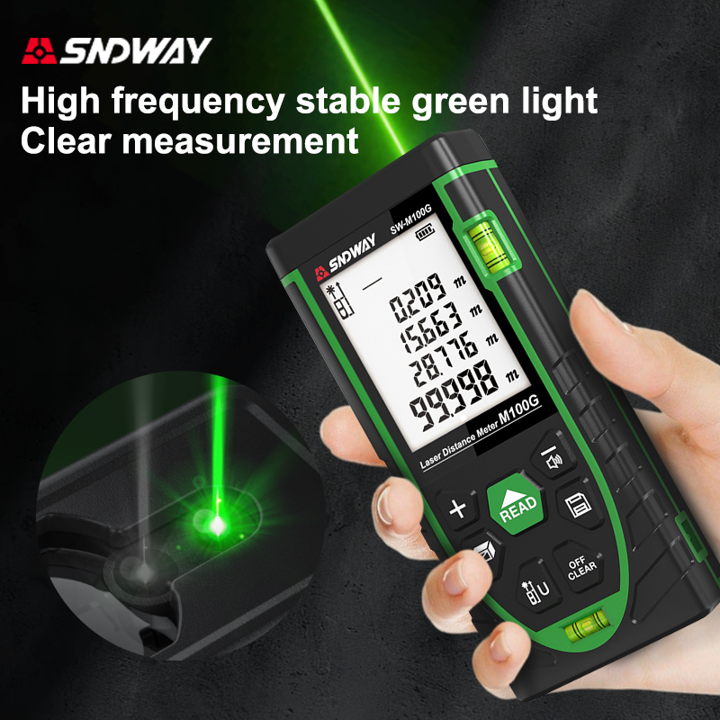 Laser Distance Meter With Bubble Level - เครื่องวัดระยะทางเลเซอร์ SNDWAY 50 ม. แสงสีเขียว ไม้บรรทัดดิจิตอล