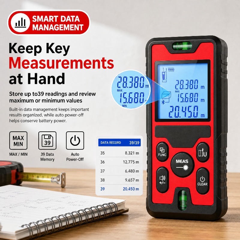 Laser Distance Meter With Bubble Level - เครื่องวัดระยะด้วยเลเซอร์ 120 เมตร ชาร์จผ่าน USB-C พร้อมหน้าจอ